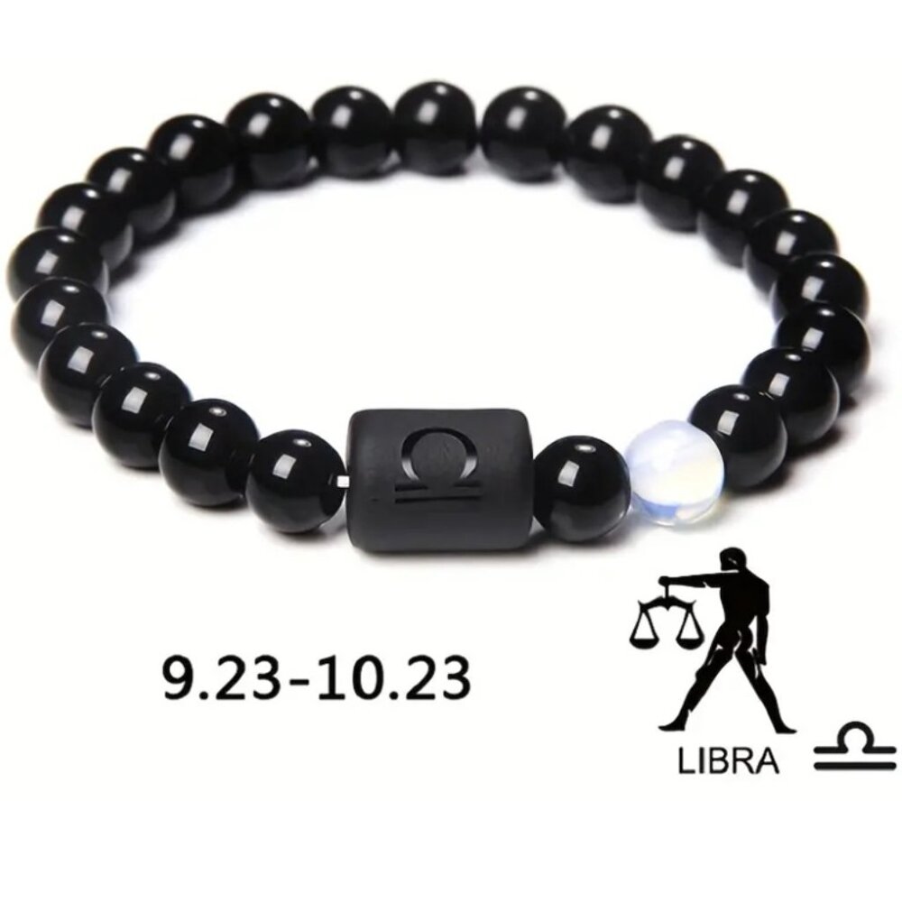 Libra Zodiac Signs Charm Bracelet Natural 8mm Black Onyx Stone Beads